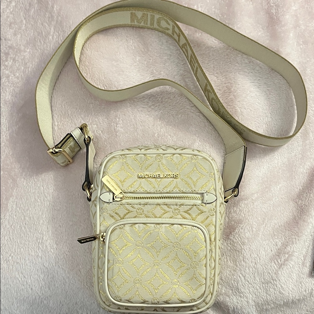 Michael Kors Cream and Gold Signature Crossbody Phone Bag